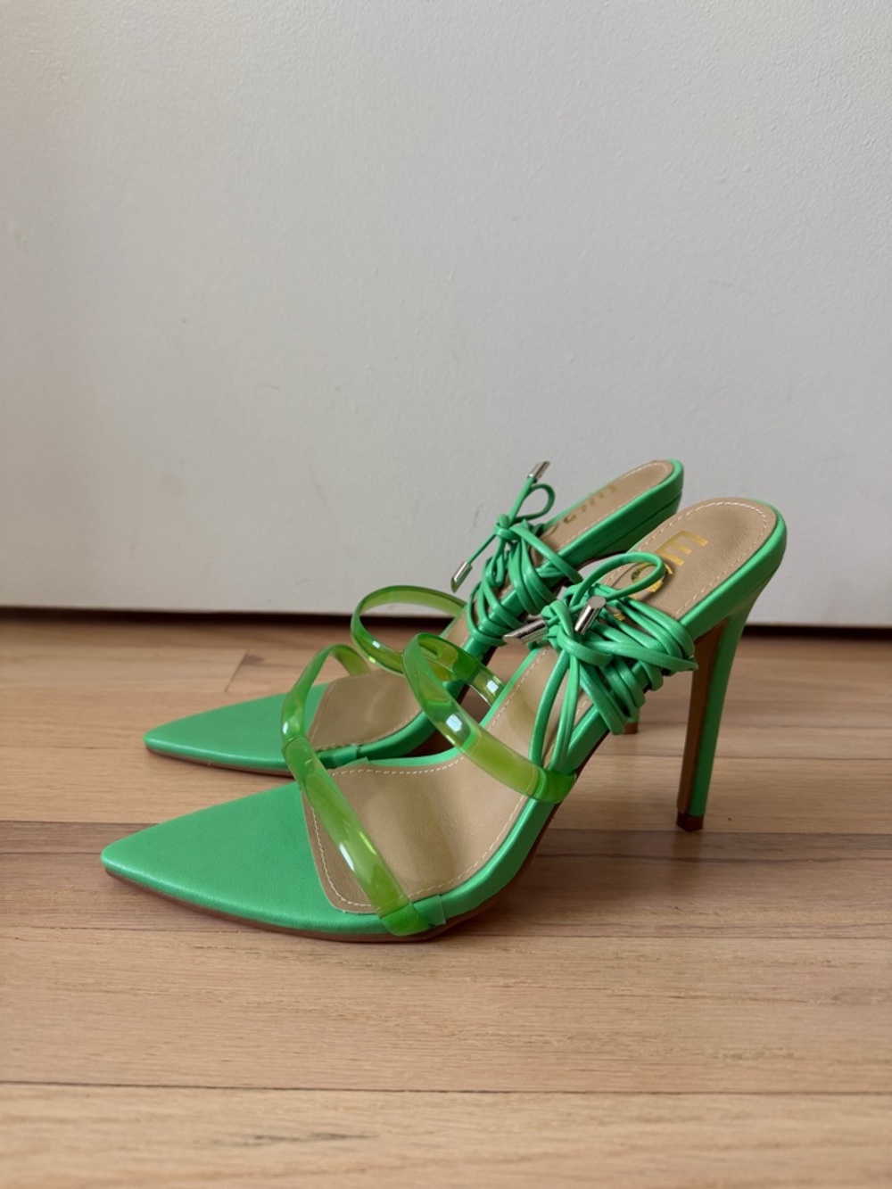 EGO Lime Green Pointed Stiletto Heels with Tie Straps